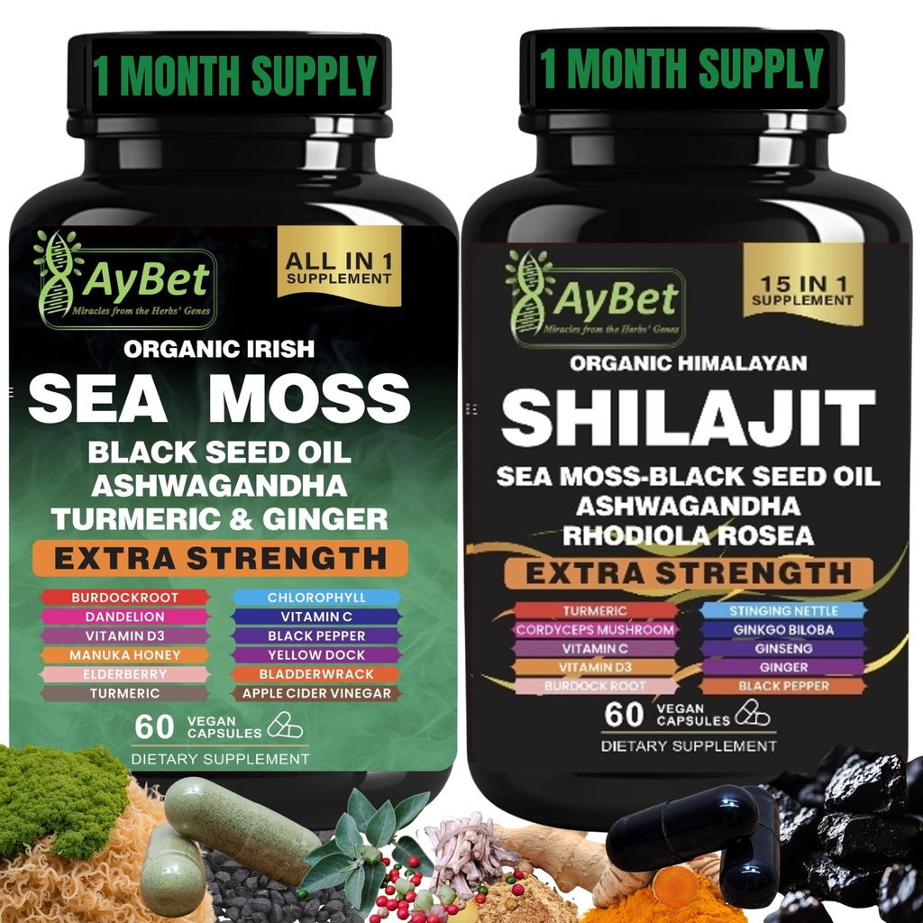 Sea Mos Shilajit Combo Bundle קפסולת, שחור Seed שמן, אשוגנדה, Rhodiola Rosea, Burdock, Turmeric, ג'ינג'ר, VitC, VitD3, All in One, 120 קפסולות, Halal, Vegan, USDA אורגני