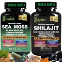 Sea Mos Shilajit Combo Bundle קפסולת, שחור Seed שמן, אשוגנדה, Rhodiola Rosea, Burdock, Turmeric, ג'ינג'ר, VitC, VitD3, All in One, 120 קפסולות, Halal, Vegan, USDA אורגני