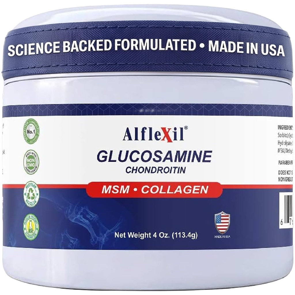 ALFA VITAMINS Alflexil Glucosamine Plus Chondroitin קרם עם MSM & Collagen, תומך משותףים בריאים, Joint & שריר הקלה, משפר את הניידות, מהיר Absorption, ומויסטורג את העור, 4 Oz.