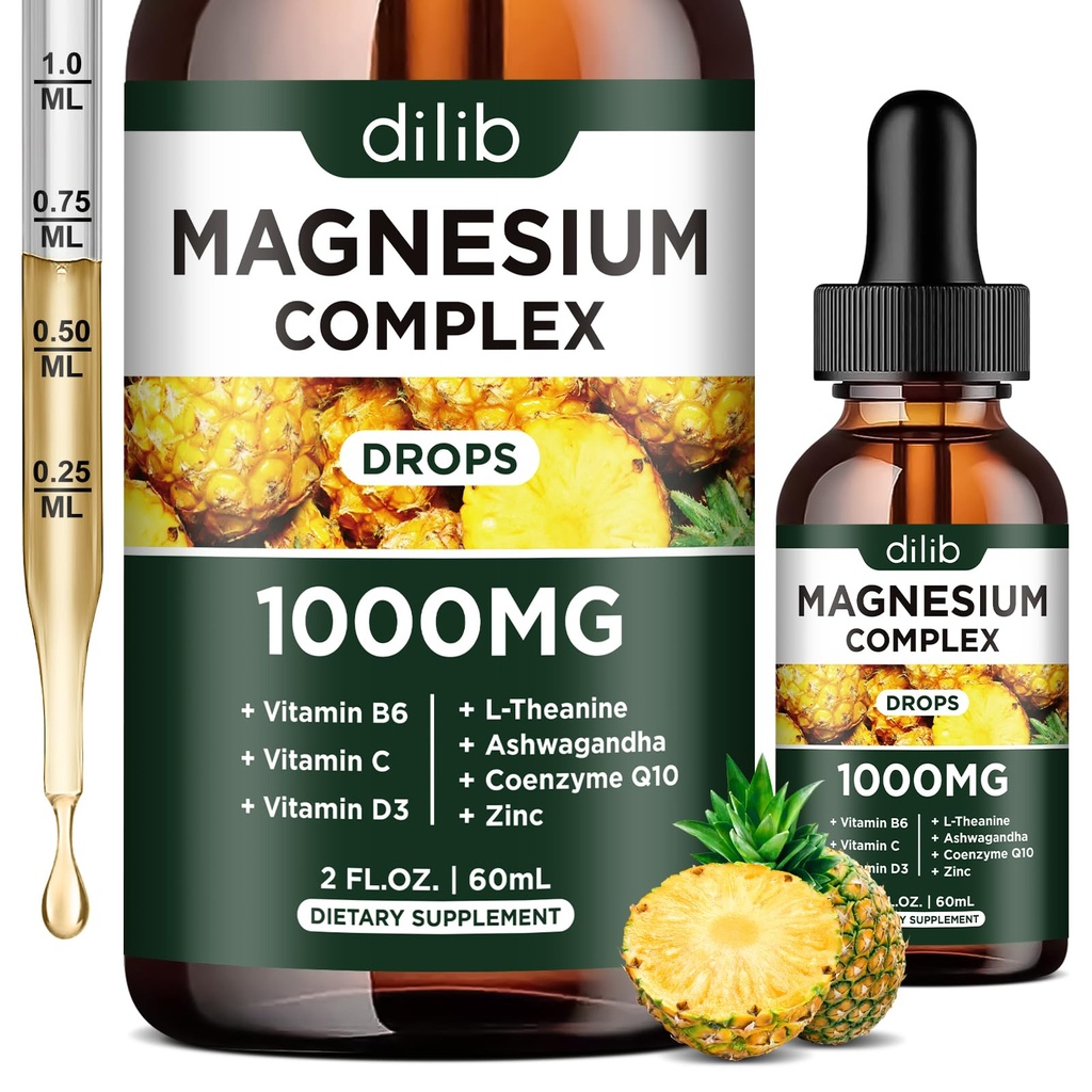 תוספת משולשת של Magnesium מורכב, Magnesium Glycinate, בלנדר, Citrate נוזל טיפות 1000 מ"ג עם Ashwagandha, CoQ10, ויטמין B6, C, D, Zinc - Veganapple Flavor