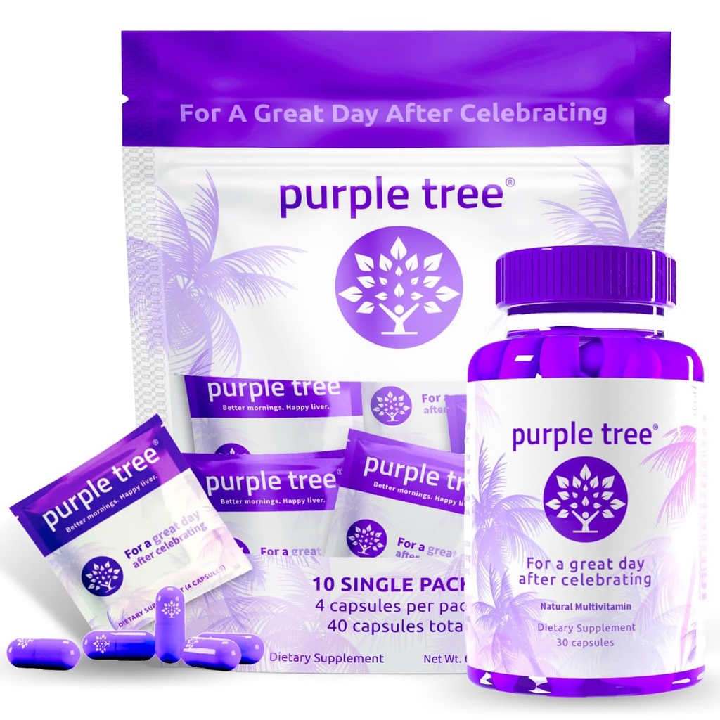 עץ סגול Post-Celebration Wellnessבק + Packet Kit Combo, Liver Support, Rapidhydrtion, Body Replenisher | Dihydromyricetin DHM, Milk Thistle, Electrolytes, ויטמין B, Willow Bark, Quercetiner
