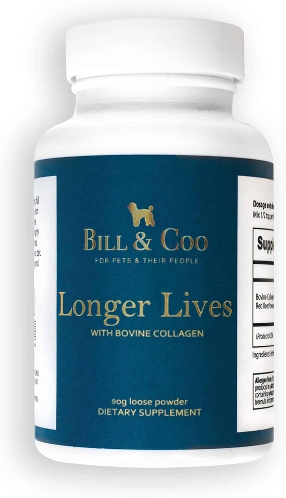 BILL & COO Longer Lives סיבים תוספת עם Bovine Collagen Peptides & Beetroot אבקה לכלבים - מקדם פעילות גופנית, לב ותמיכה Liver - כלב משותף תוסף פורמולה - 90g