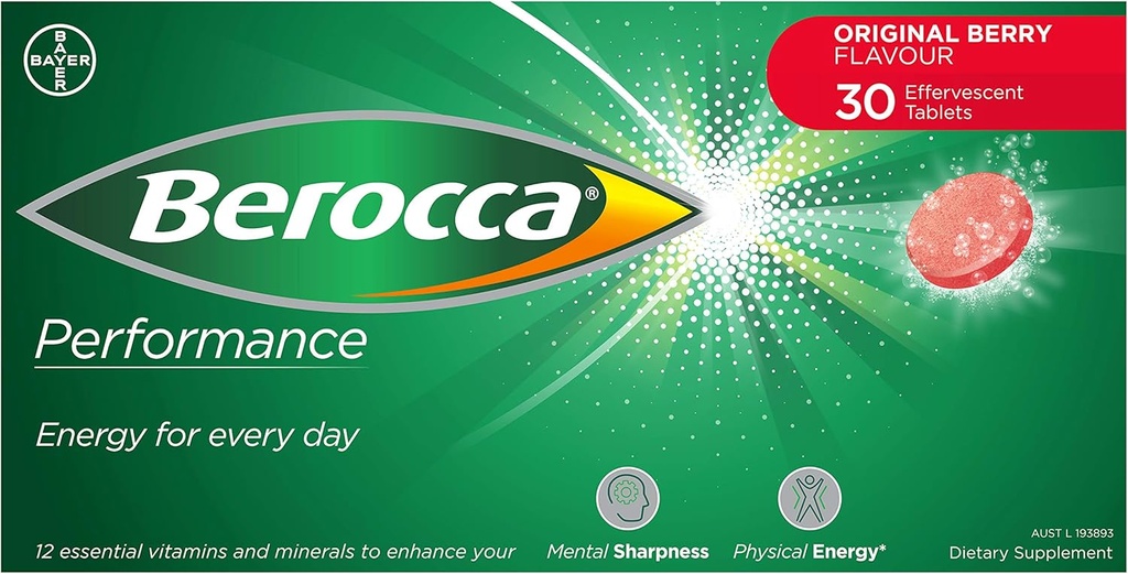 Berocca Performance 30 Effervescent Tablets - המקורי ברי פלפור גרסה בינלאומית Caffeine חינם