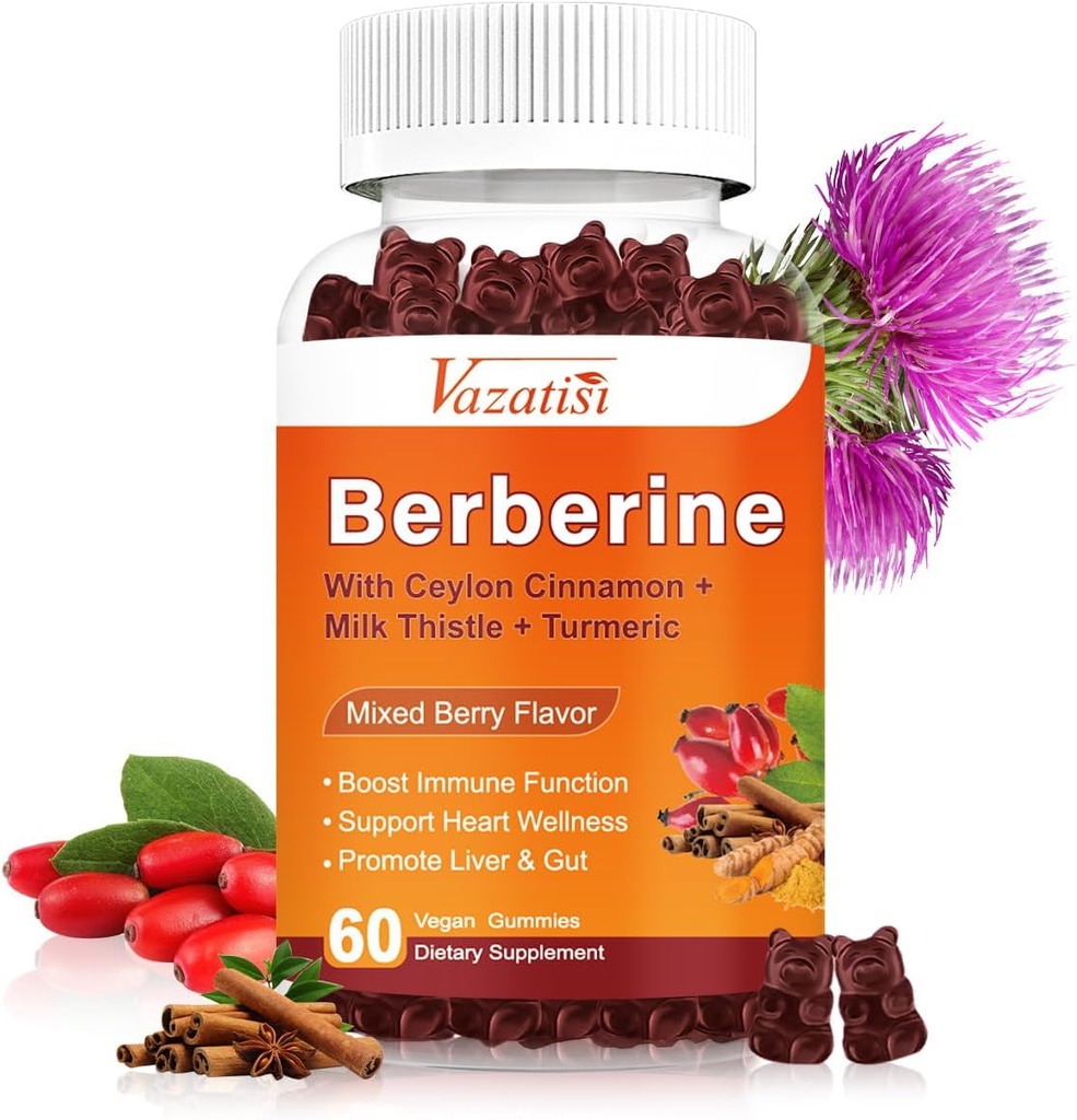 1500mg Berberine חניכיים, High Potency Berberine תוספת עם Ceylon Cinnamon Gummies, Turmeric, Magnesium, Sugar Free, non-GMO, Gluten-Free - מעורב ברי פלח 60 חניכיים