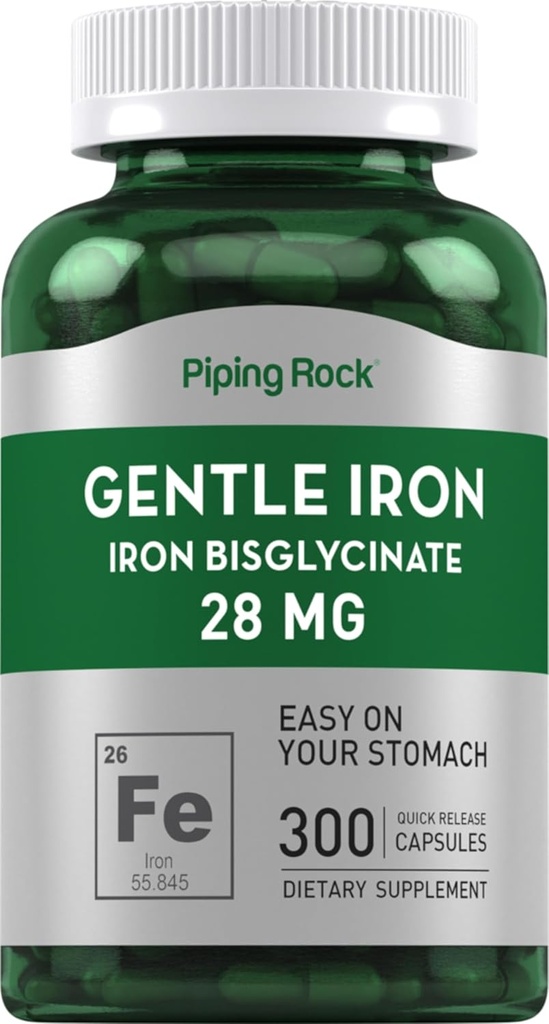 Piping Rock Iron Bisglycinate 28 מ"ג | 300 קפסולות | תוספי ברזל Gentle