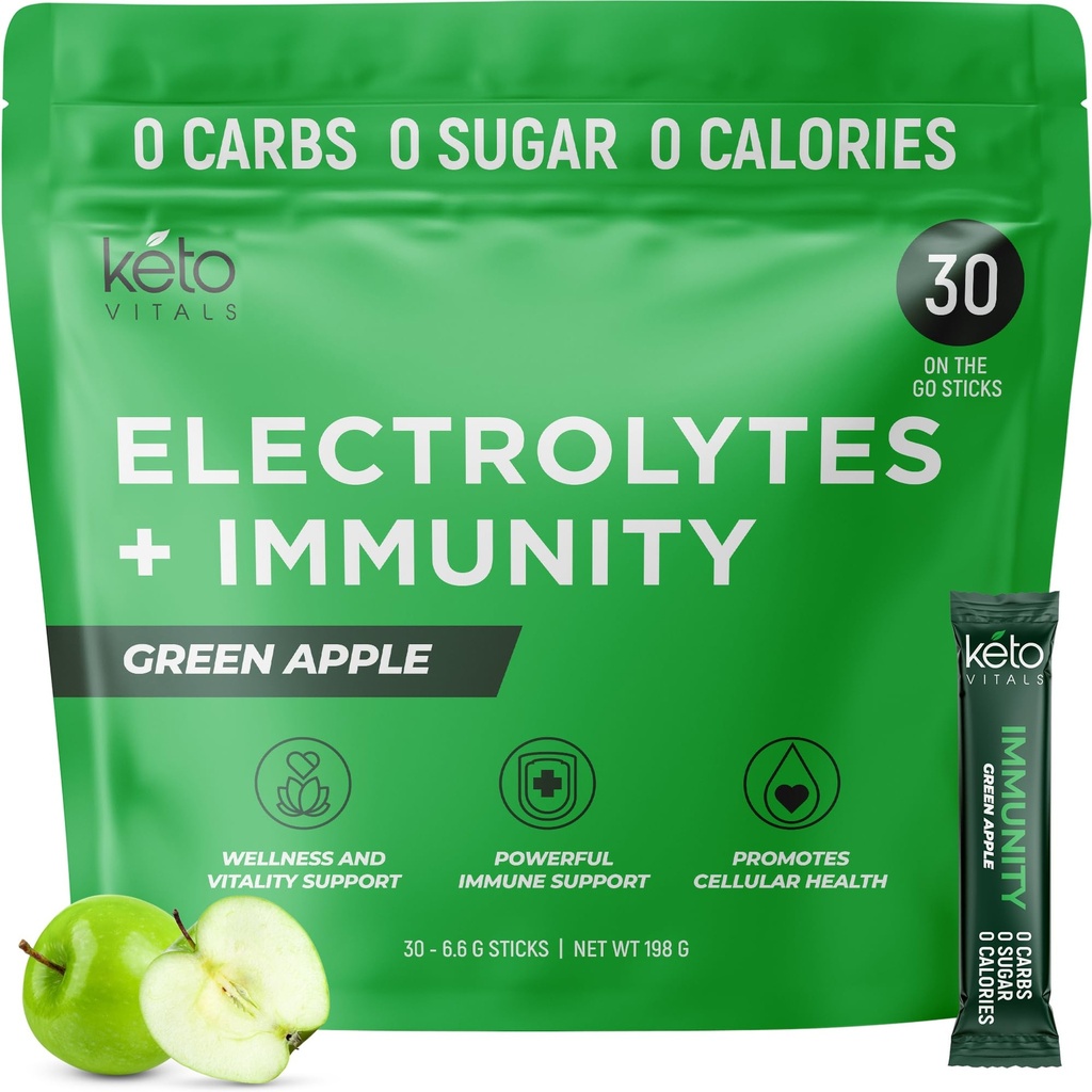 Keto Vitals Immunity Sugar Free Electrolytes אבקת עם ויטמין C, ג'ינג'ר, Turmeric ו-El Elderberry - Boost your Immune System and Rehydrate Your Body - Green Apple Flavor, 30 הרוזן