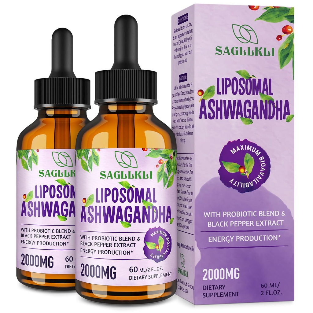 Liposomal Ashwagandha נוזל טיפות 2000 מ"ג, Ashwagandha שורש תוספת (7% עם אנאנולידים) עם Black Pepper & Probiotics for Focus, Cognition & Energy - 4 FL.OZ (2בק)