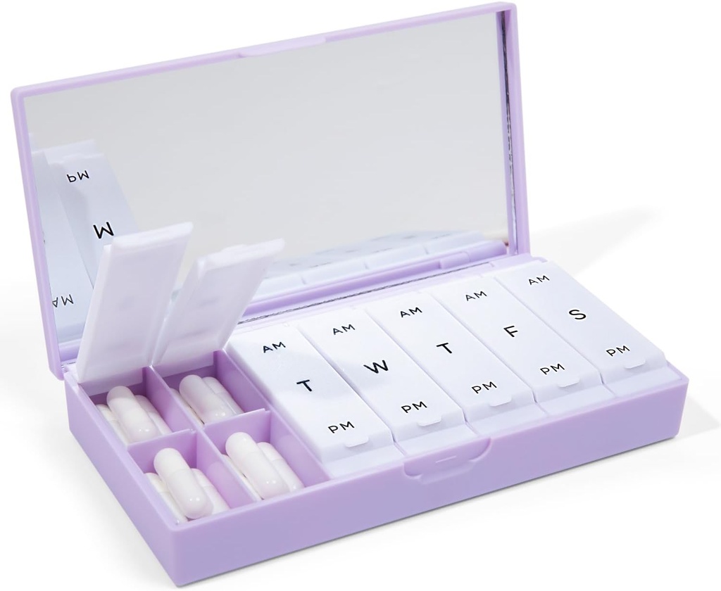 X POLISH Designer Weekly Box מארגנת (AM/PM 2X Daily, Lilac) | קומפקטי, Stylish 7-Day ויטמין Pro Case | Sweet Portable Mini Travel Medicine Carrier