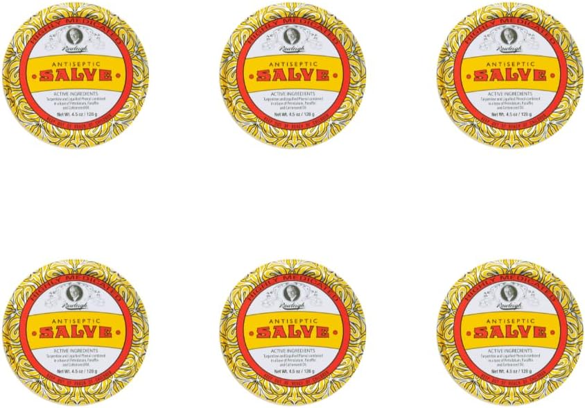 Rawleigh Antiseptic Salveic Yellow Big Tin: 4.5 oz, Multi-Purpose Ointment Soothes לחתוך, Bruises, Irritations, עם Turpentine, Phenol, כותנה שמן & Paraffin, פורמולה מקורית - חבילת של 6 6