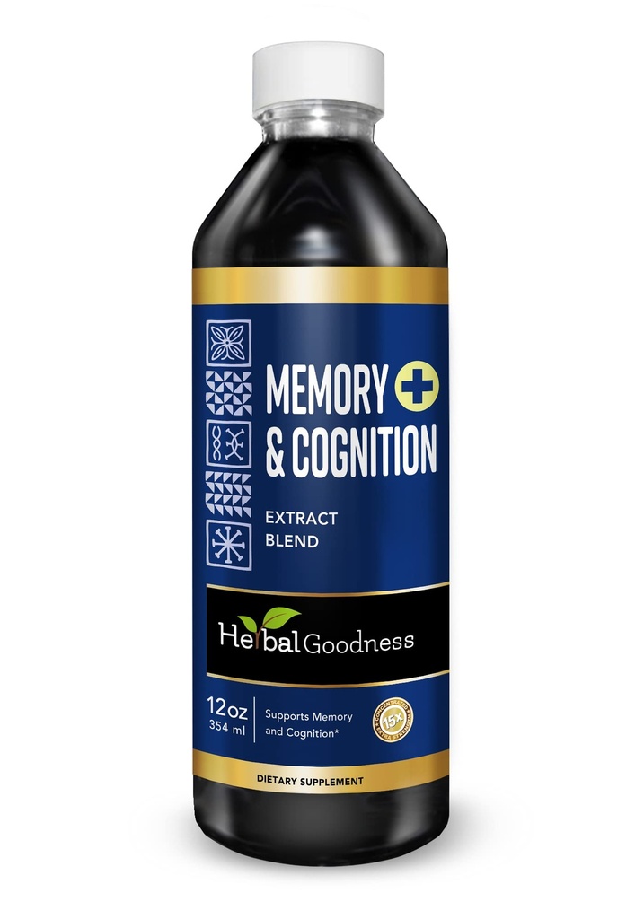 Herbal Goodness Memory and Cognition נוזל לחלץ 12oz - תומך בהירות נפשית, אנרגיה ותפקוד Immune - תוספת טבעית אורגנית עם גינקו, סייג' & Lion's Mane - 23 משרתים