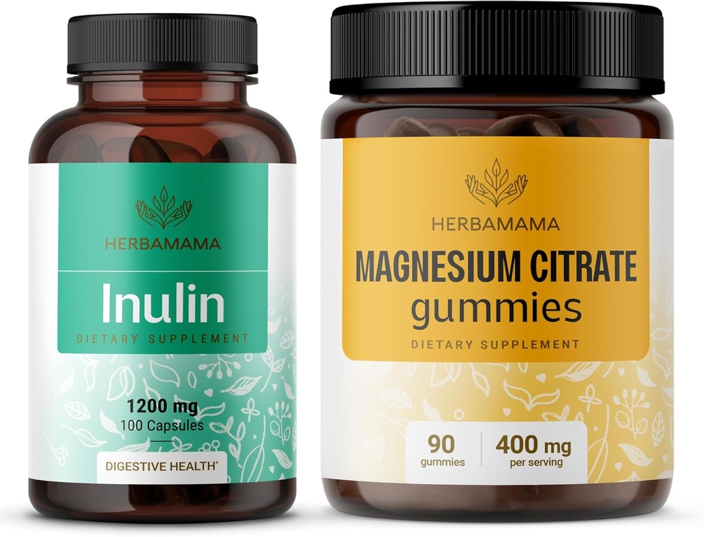 HerBAMAMA Inulin ו Magnesium Kit - Bundle של 1200 מ"ג Inulin סיבים קפסולות ו 400 מ"ג Magnesium Citrate Gummies - טבעוני, non-GMO, Gelatinl-Free - 2 Pack