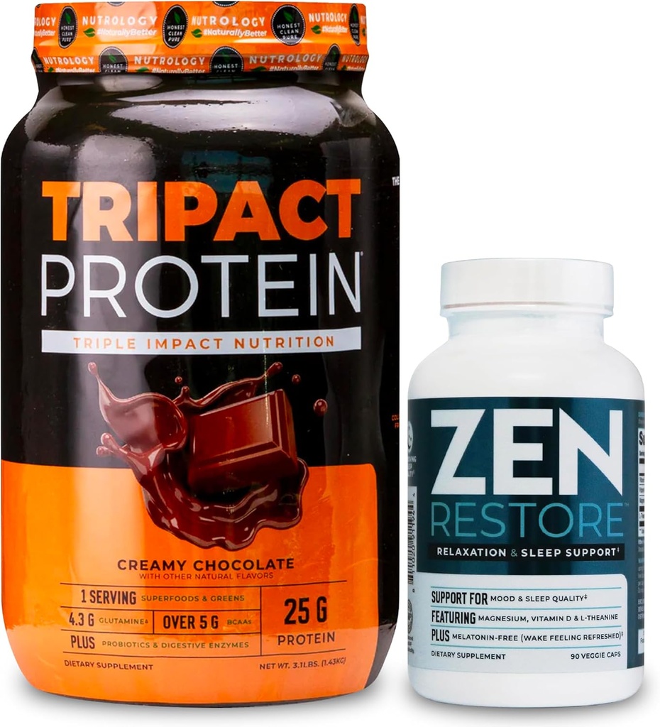 אבקת חלבון Nutrology TRIPACT, 7-in-1 Meal החלפת Shake, Creamy שוקולד (40 משרתים) Zen Magnesium תוסף (30 משרתים)