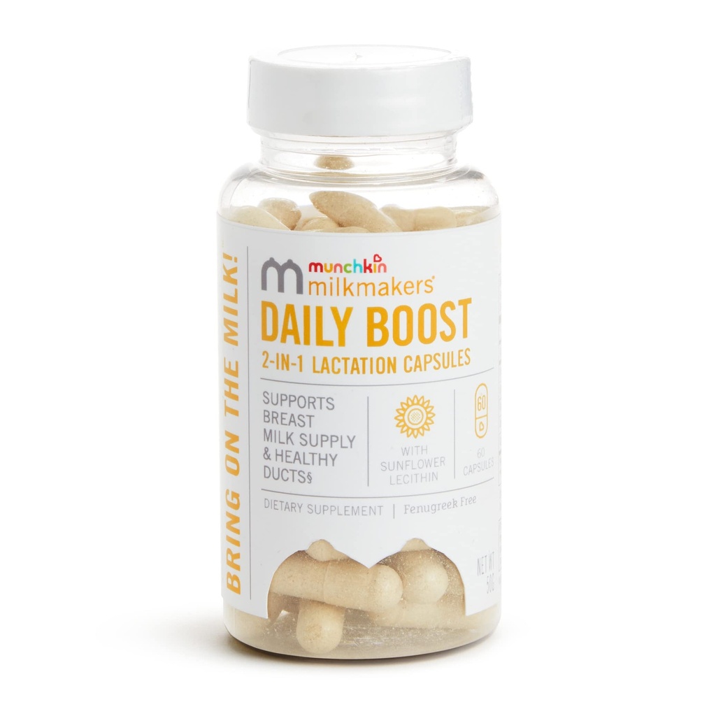 Munchkin® Milkmakers®® Daily Boost 2in-1 Lactation תוספי מזון עבור הנקה, סיעוד & משאבת אמהות - Panugreek Free, 60 קפסולות