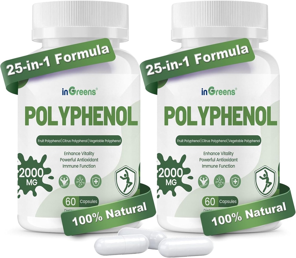 25-in-1 Polyphenols תוסף, 2000MG Powerful Antioxidants & Polyphenol for Age Defense, Polyphenol Superfood, Quercetin, Resveratrol, Plant-based & Energy, Immune Support, 120 קפסולות