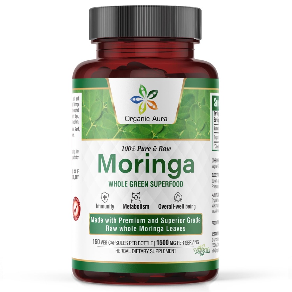 Aura Moringa Leaf קפסולות | 1500 מ"ג - 150 HPMC Veg | Whole Leaves Green Super Food Nutrition | Boosts Metabolism, Energy, Health, & Stamina | 100% Pure Safe Moringa | Non GMO.