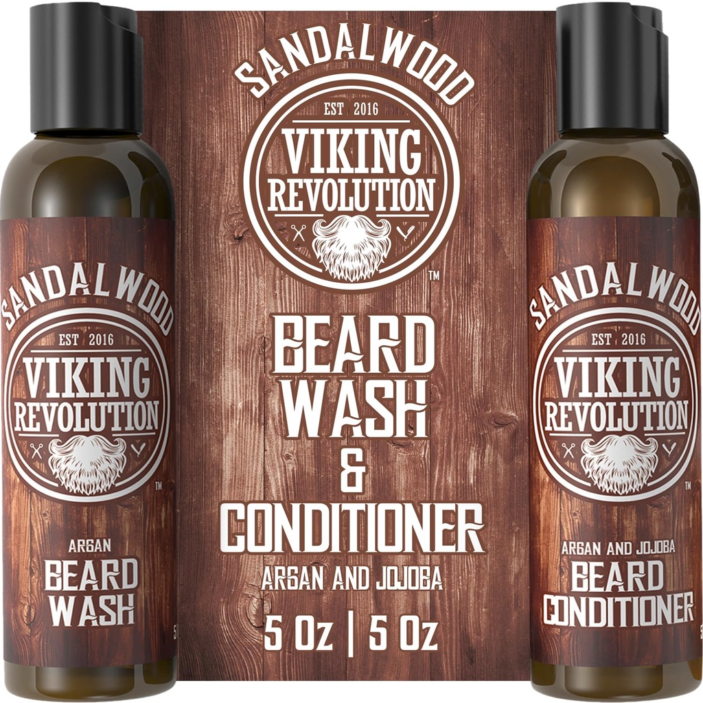 Viking Revolution Beard Wash & Beard Conditioner Set w/Argan & Jo Joba Oils - Softens & Powerens - Natural Beard Shampoo w/Beard Oil Sandalwood (5oz)