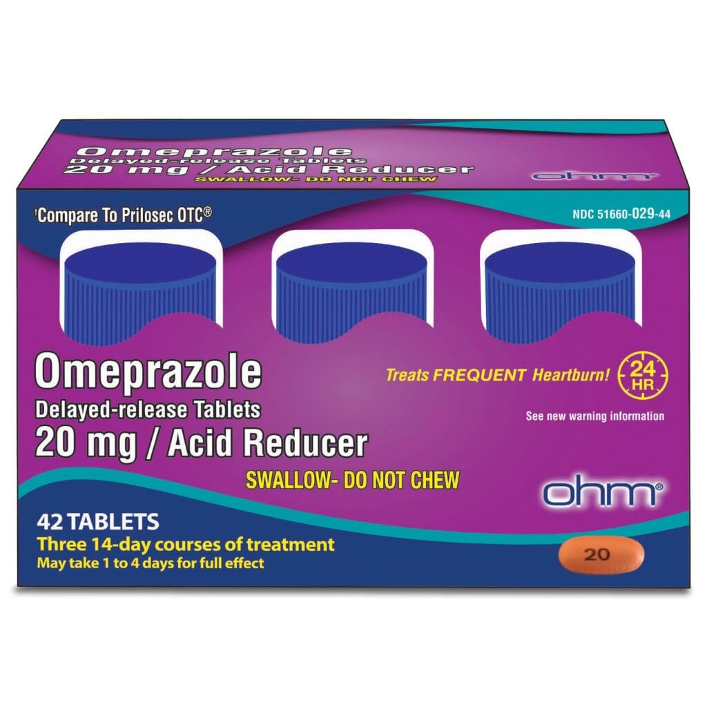 Om Omeprazole 20 מ"ג, 42 טבליות Delayed-Release, Acid צמצם עבור Frequent Heartburn, 24Hour Relief Heartburn Medicine, Helps Relieve Stomach & Chest Discomfort (6 שבועות של אספקה, 42, Count)