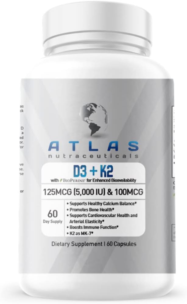 Atlas Nutraceuticals-Vitamin D3+K2- ויטמין D3 5000IU Plus K2, 2 ב-1 פורמולה, MK7 ויטמין K2, 60 קפסולות, תרכובת ויטמין Immune
