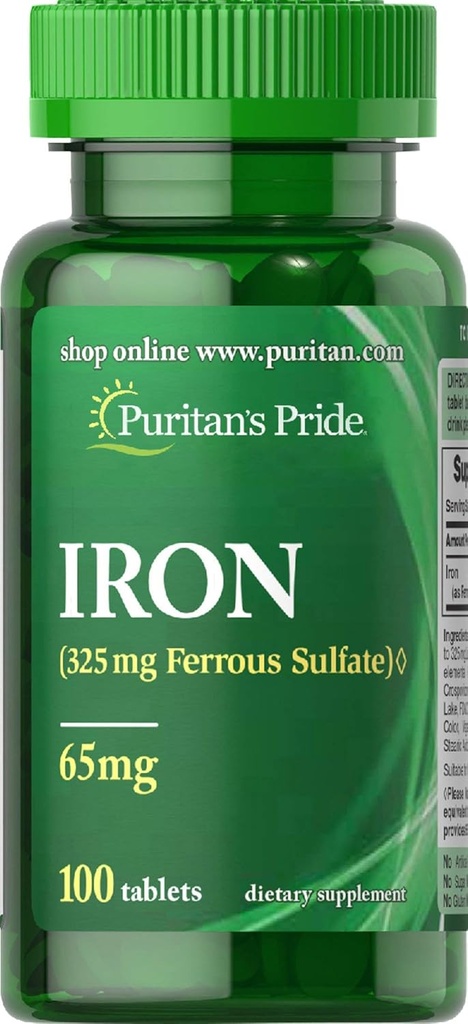 Puritans Pride Iron Ferrous Sulfate 65 מגה טבליות, 100 Count