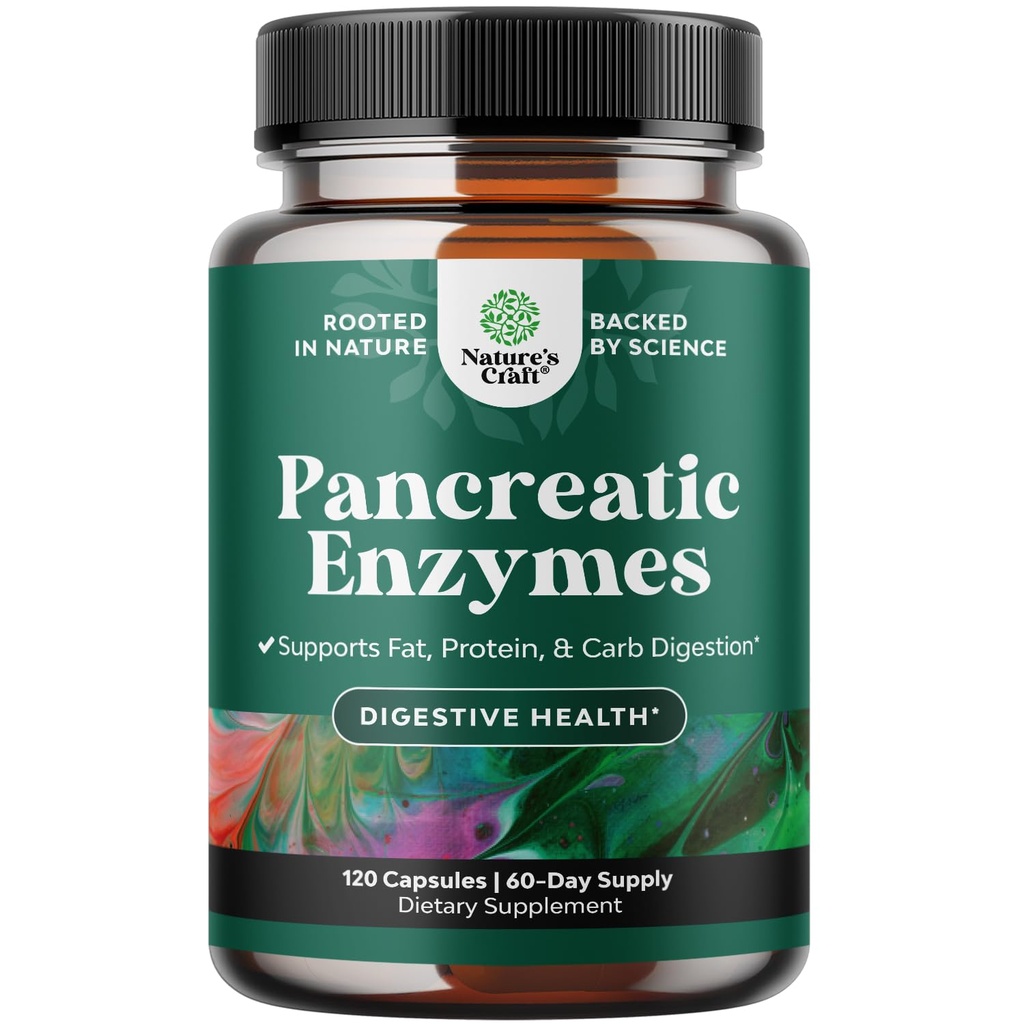 Natures Craft Pancreatin Digestive Enzymes for Digestive Health - Enzymes for Humans with Fat Carb and Protein Women and Men - Protease Amylase & Lipase Digest