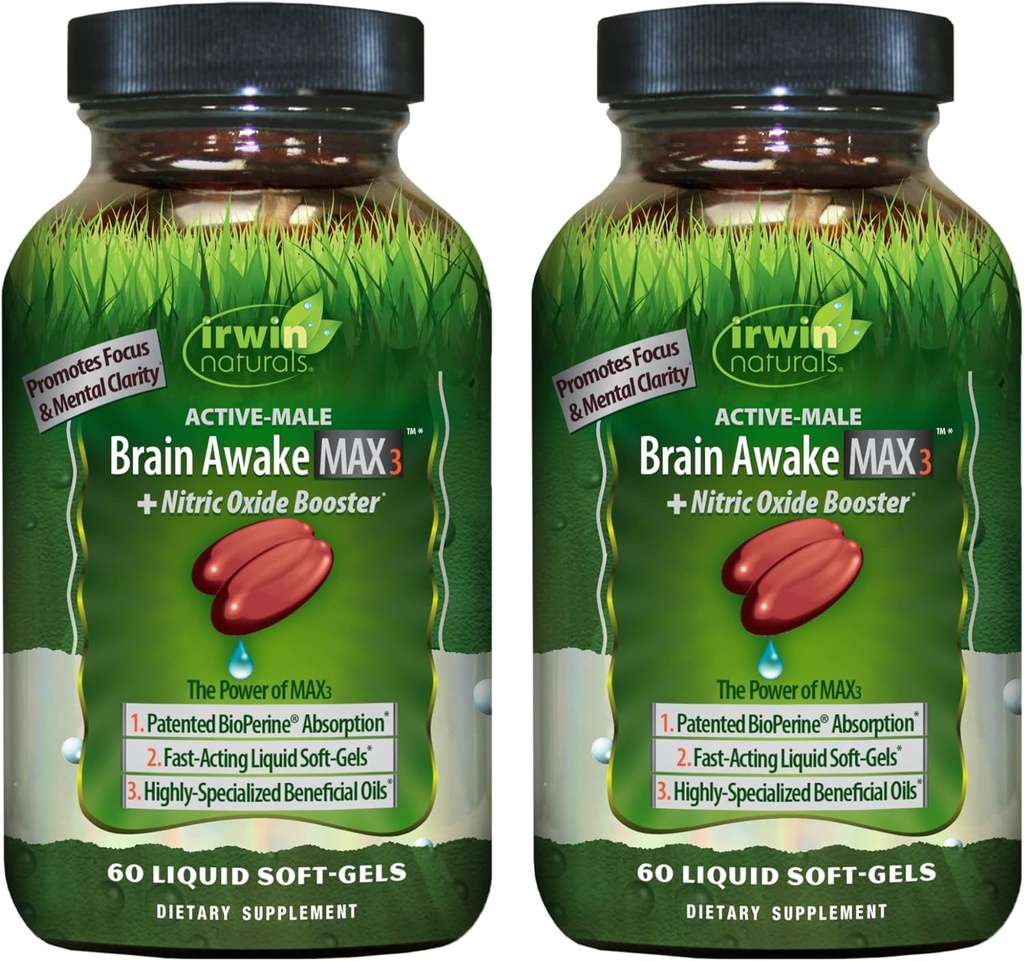 Irwin Naturals המוח מתעורר מקס3 + Nitric Oxide Booster - 60 נוזל Soft-Gels, Pack של 2 - תמיכה בריאות המוח ואופטימיזציה ביצועים - 40 המשרתים מלאים