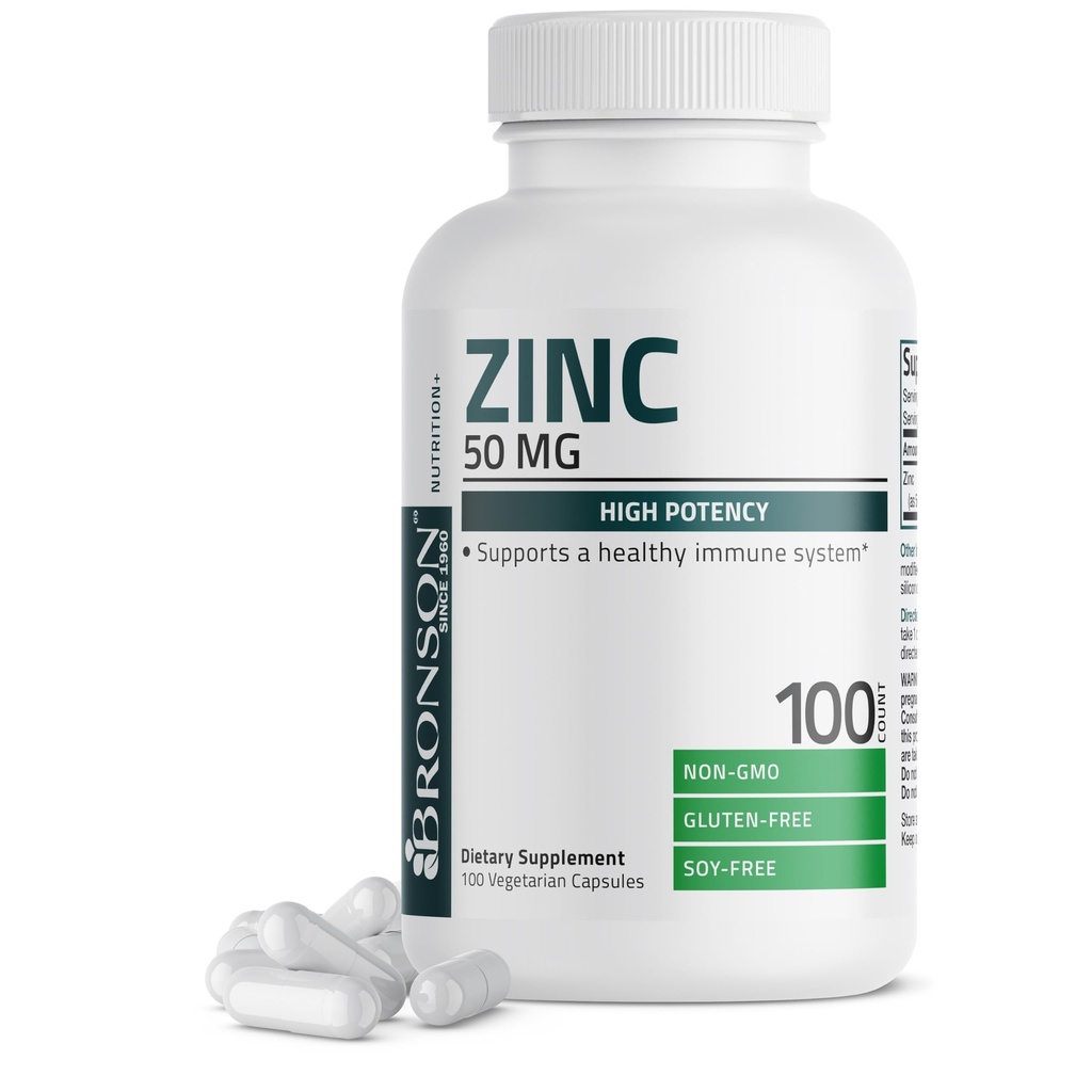 Bronson Zinc 50mg Complex High Potency Immune Support Supplement & Antioxidant and Skin Health - Non GMO, 100 קפסולות צמחוניות