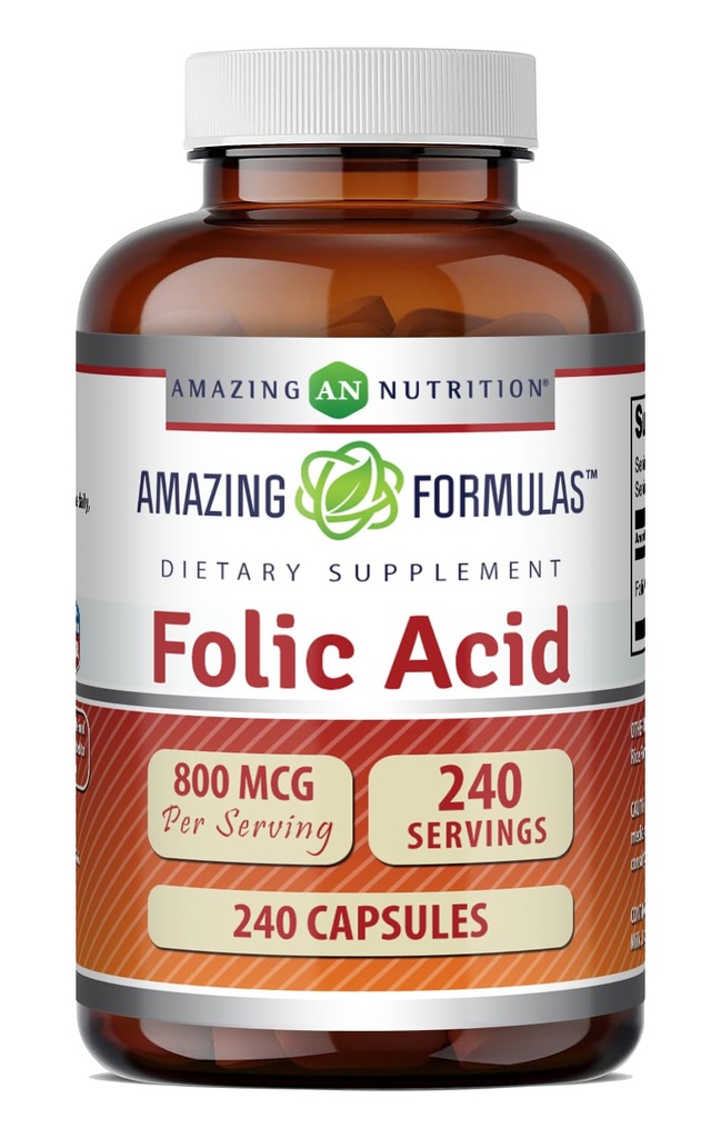 פורמולה מדהימה Folic Acid (Vitamin B9) 800 מקג תוסף | קפסולות | Non-GMO | Gluten-Free | Made in USA (1 Pack | 240 Count)