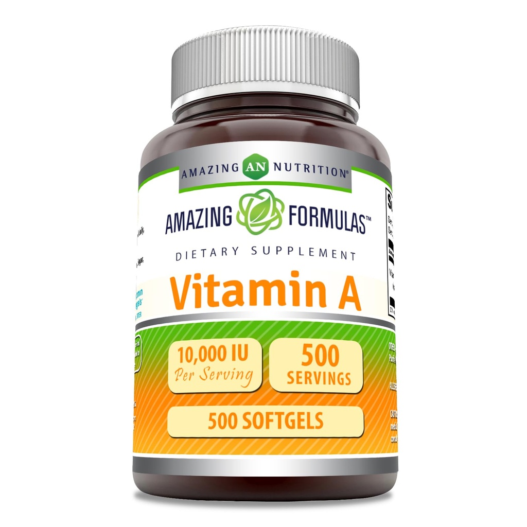 פורמולה מדהימה ויטמין A 10000 IU תוסף | Retinyl Palmitate | 3000 Mcg | Softgels | Non-GMO | Gluten Free | Made in USA (1 Pack, 500 Count)