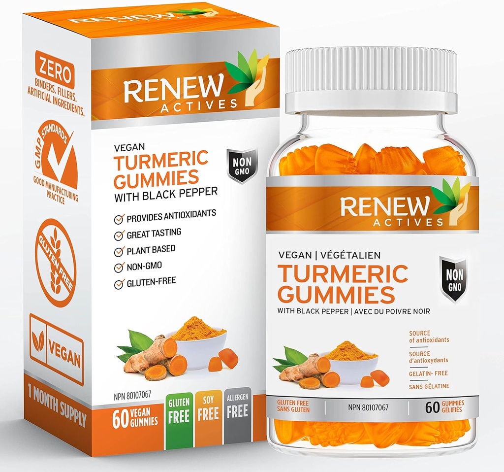 ReNEW ACTIVES טבעוני Turmeric 130MG לכל 2 מסטיקנים עם Black Pepper עבור Absorption משופרת - Antioxidant Support & Immune Health - Great Tasting, Easy-to-Swallow תוסף, Made בקנדה - 60 מסטיקנים
