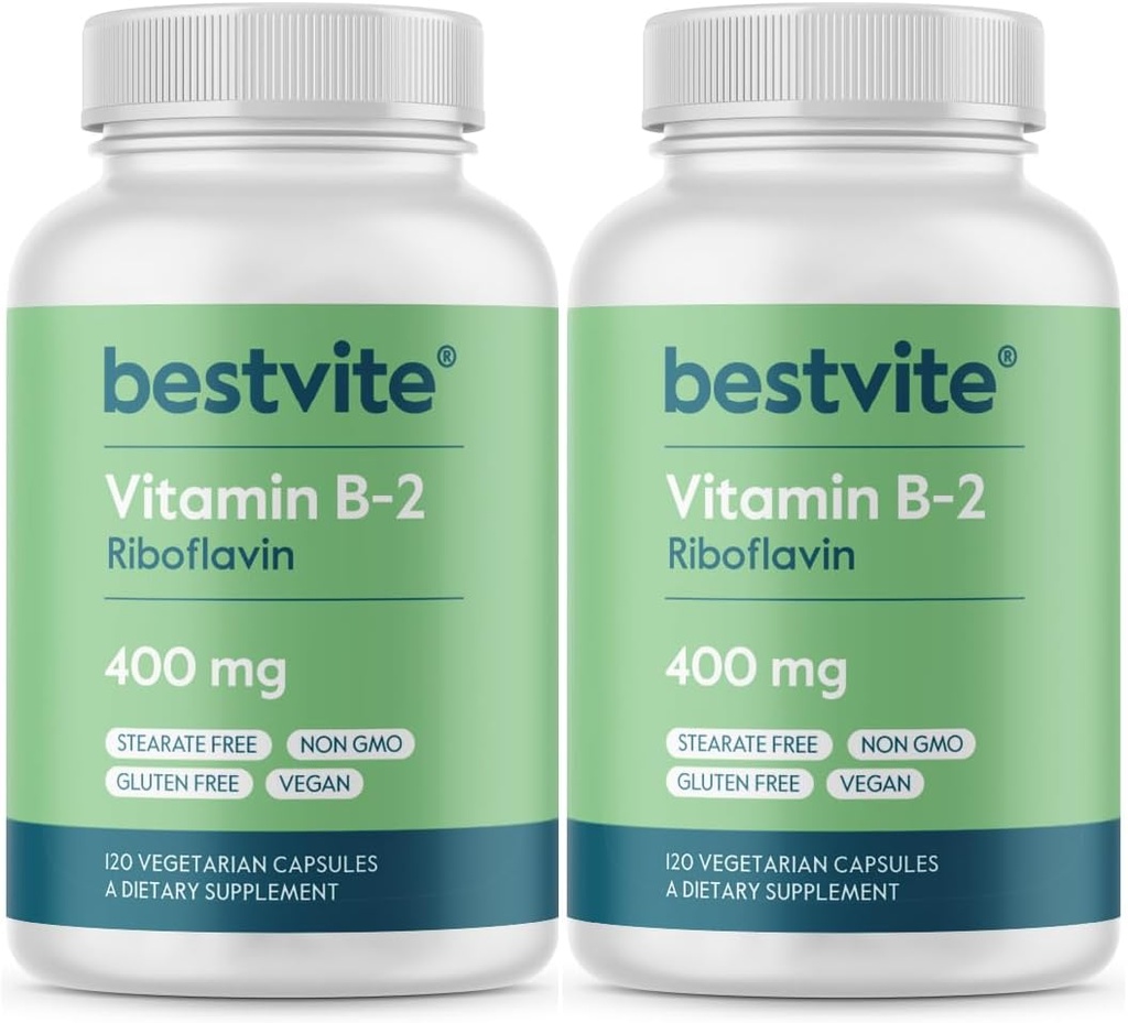 הטוב ביותר ויטמין B-2 (Riboflavin) 400 מ"ג (240 קפסולות צמחוניות) (120 x 2) - No Stearates - טבעוני - Non GMO - Gluten Free