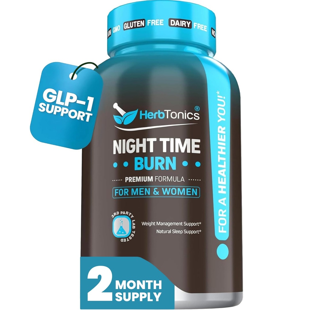 Herbtonics Night Burn & Sleep Complex תומך ב-Overnight Metabolism, Stress Relief & Deep Sleep. כולל מלטונין, ולריאן ותה ירוק - ניהול משקל טבעוני (60 קפסולות)