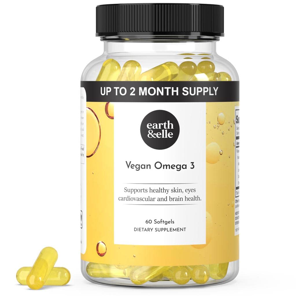 Earth & Elle Algae אומגה 3 תוסף - אומגה 3 - אומגה 3 תוספת תוספי W / Algae Oil & Vegan DHA - מסייע תמיכה לב ומוח בריאות 1000 מ"ג פרי - No Fishy Aftertaste 60 Softgels