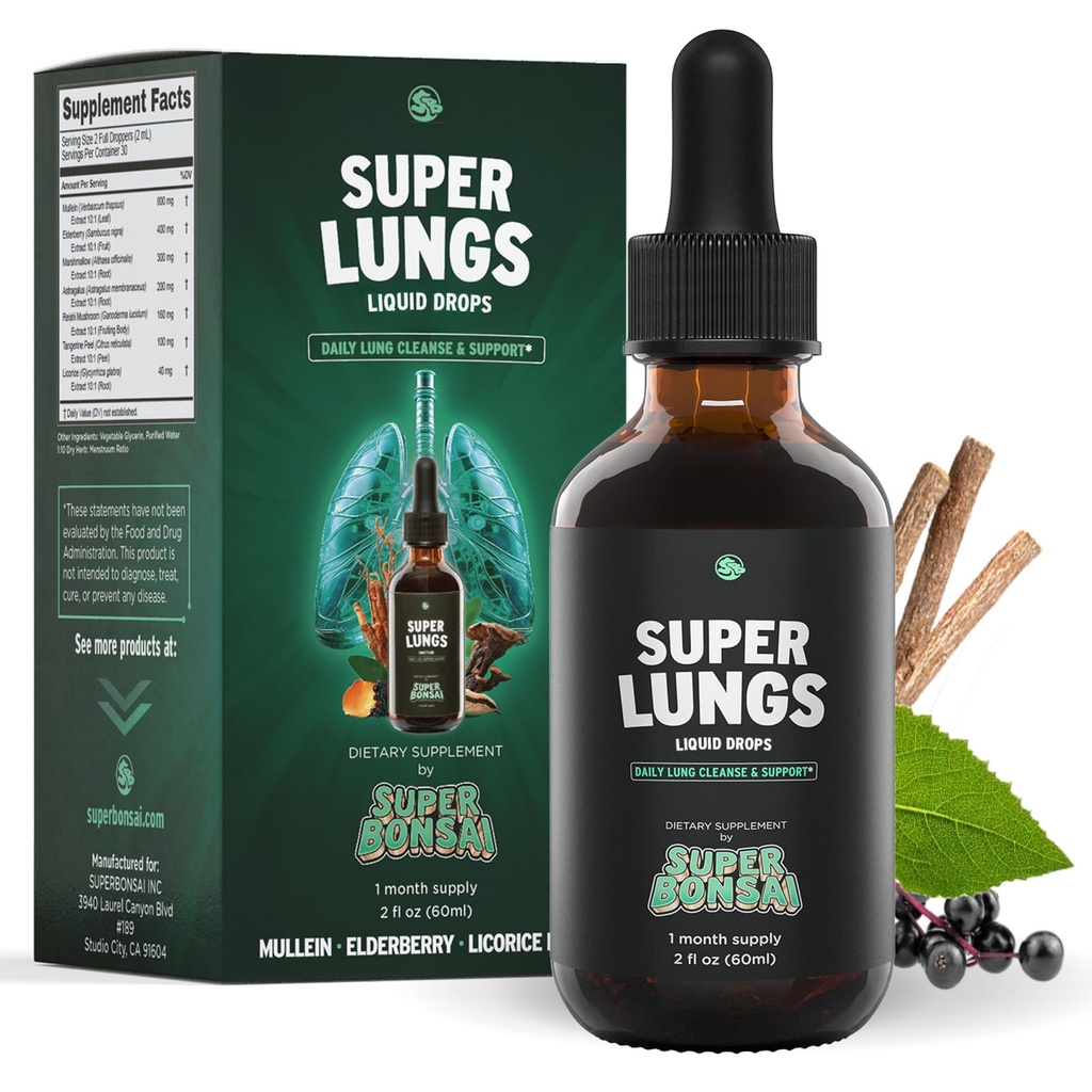 SuperBonsai Super Lungs Mullein Drops - Herbal Lung Support Tincture with Mullein Leaf לחלץ את Elderberry Reishi Marshmallow Root - תומך Clear Breathing & Soul - 2 oz