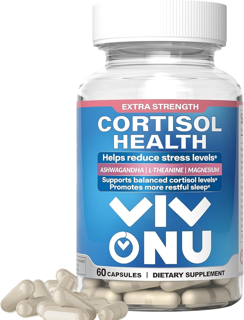Vivo Nu Cortisol Health - מסייע ל-Sustain אנרגיה בריאה, איזון תגובה Cortisol, הירגעות ושינה עמוקה - Ashwagandha | L-theine | Magnesium - Non-GMO - 60 קפסולות