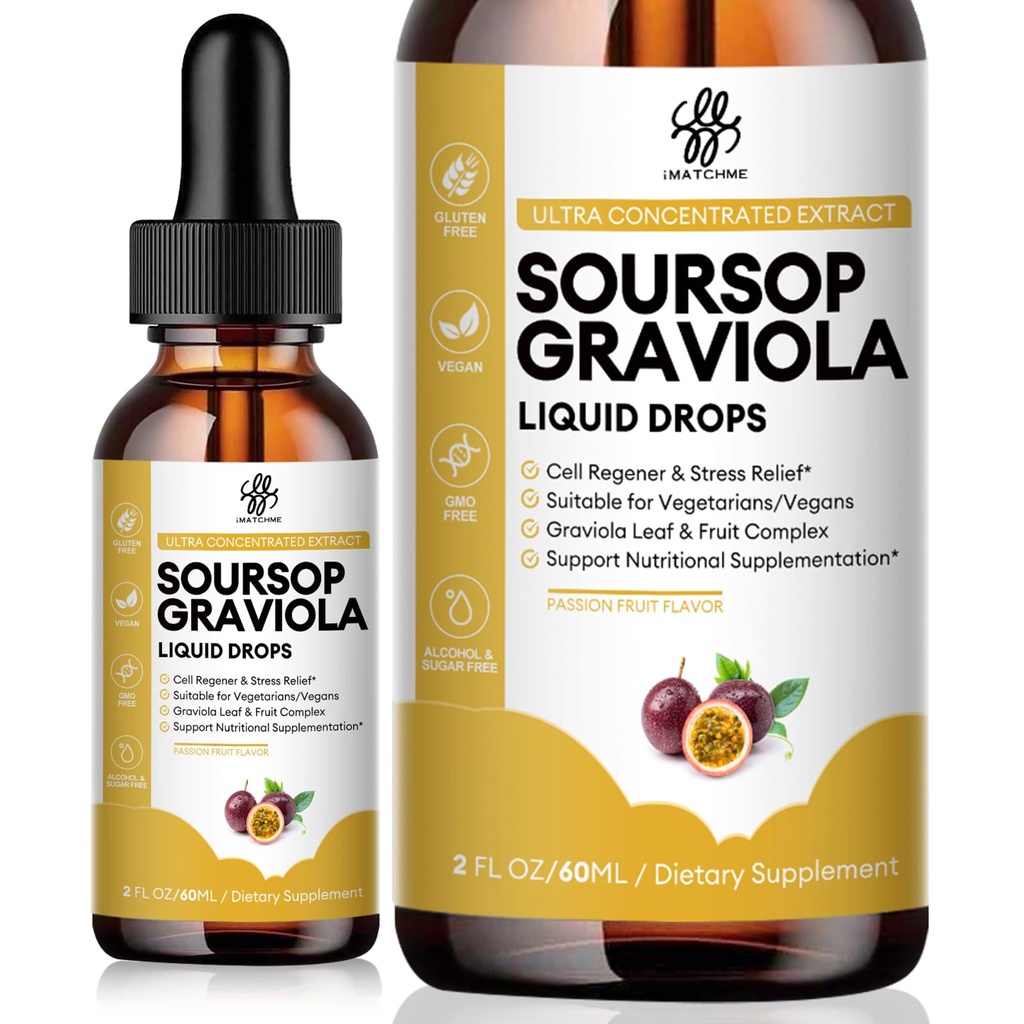 iMATCHME Premium Soursop Graviola for Digest, תמיכה עור בריא ושינה, Soursop לחלץ נוזל טיפות מ Graviola Leaf ופרי, סוכר / קפאין / גלטן חינם, תשוקה פירות פלאמור, 2 Fl Oz Oz
