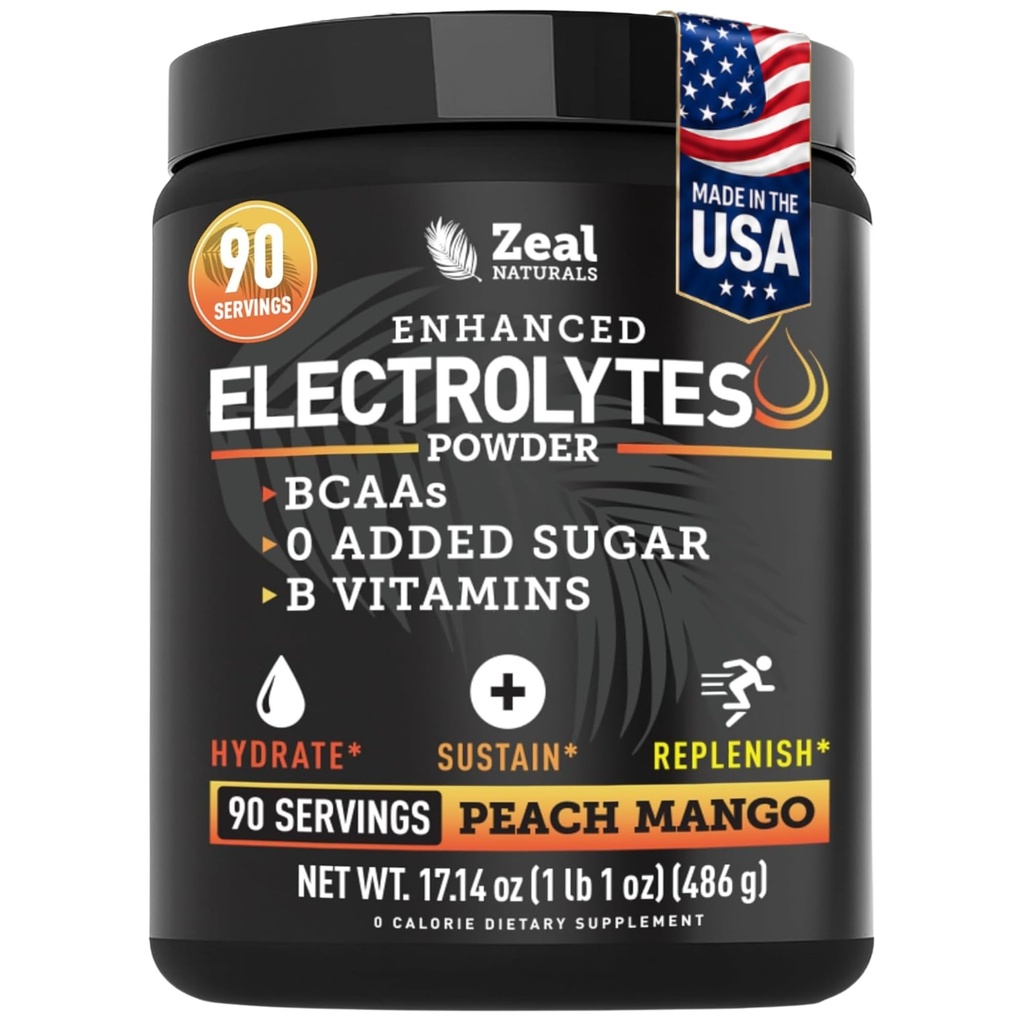 Zeal Naturals אלקטרוליטית אבקת התאוששות (90 מנות | Peach מנגו) w 0 Sugar +BCAAs +B-Vitamins Electrolyte תוסף w Potassium Zinc & Magnesium עבור הידרציה - Keto Electrolytes