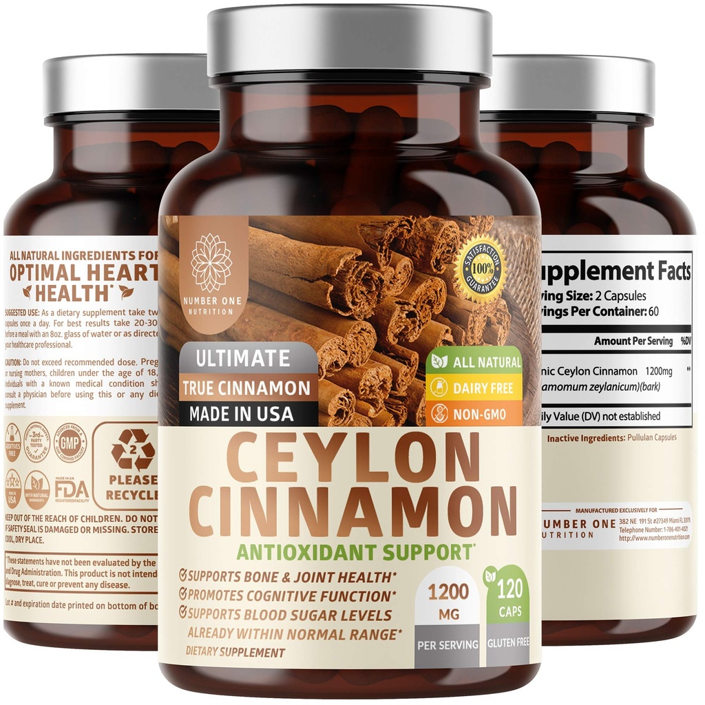 N1N Premium Ceylon Cinnamon 1200 מ"ג (100% אורגני Ceylon Cinnamon) תוספת טבעית לתמיכה ב Circulation בריא, המוח ותפקוד משותף, 120 Caps