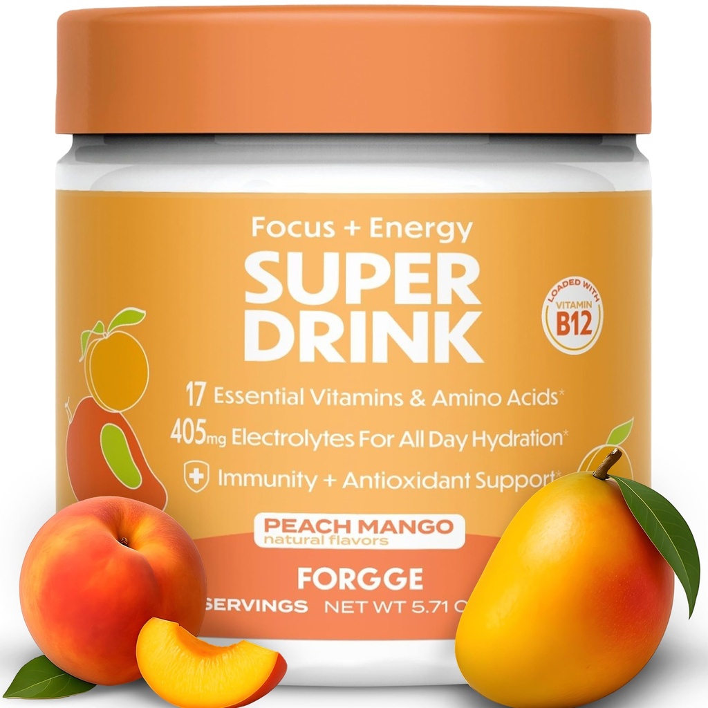 Forgge Energy Booster Super Drink - ניקוי קפאין + B12, B6, C & D ויטמינים - אבקת משקאות אנרגיה חינם סוכר עם אלקטרוליטים, Amino Acids, Antioxidants, Lions Mane - טבעוני, Keto-Friendly - 30 SVG, Peach מנגו