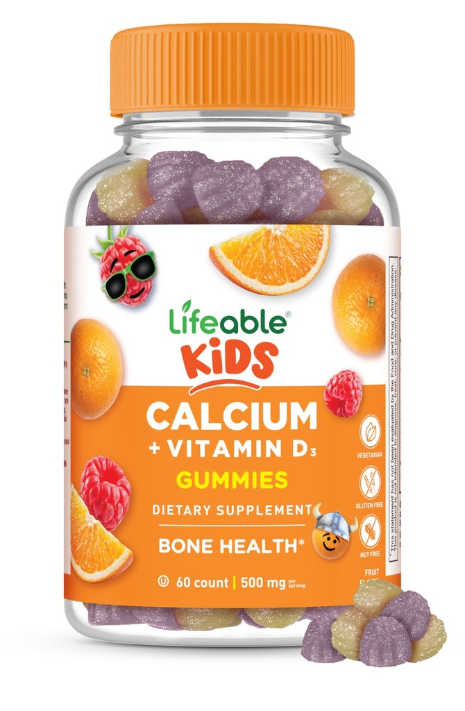 ילדים בריאים Calcium חניכיים עם ויטמין D3 | 500 מ"ג Calcium עם ויטמין D3 1000 IU | תוספי Calcium גדולים עבור ילדים | בריאות העצם וצמיחה שיניים | 60 מ"ג