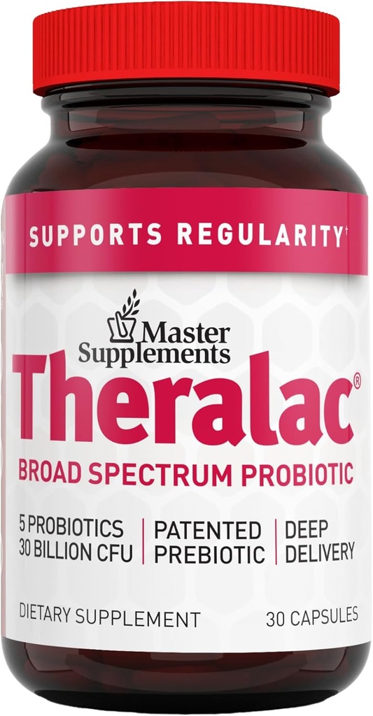 תוספי המאסטר Theralac - 30 קפסולות - Multi-Strain Probiotic for Optimal Gut Health + Gas & Bloating Relief - Gluten Free - 30 משרתים