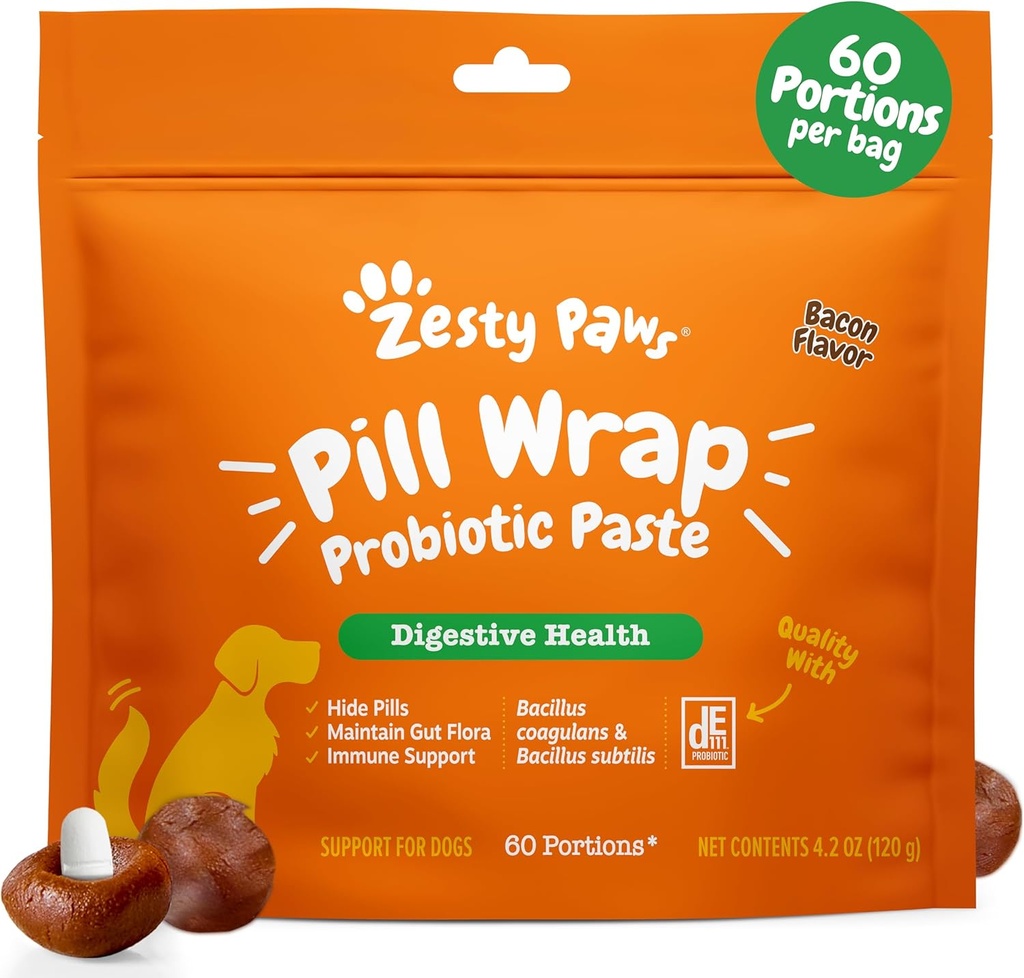 Zesty Paws Pill Wrap Probiotic Paste for Dogs - Immune & Digestive System Support - בייקון פלמור - עם DE111 Bacillus subtilis - Pockets Any Pill, Tablet & קפסולה עבור הכלב שלך - 4.2oz - 60 Portions