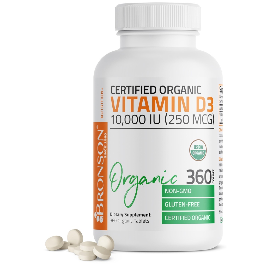 Bronson ויטמין D3 10,000 IU (250 mcg) תוסף ויטמין גבוה אורגני non-GMO ויטמין D, 360 טבליות
