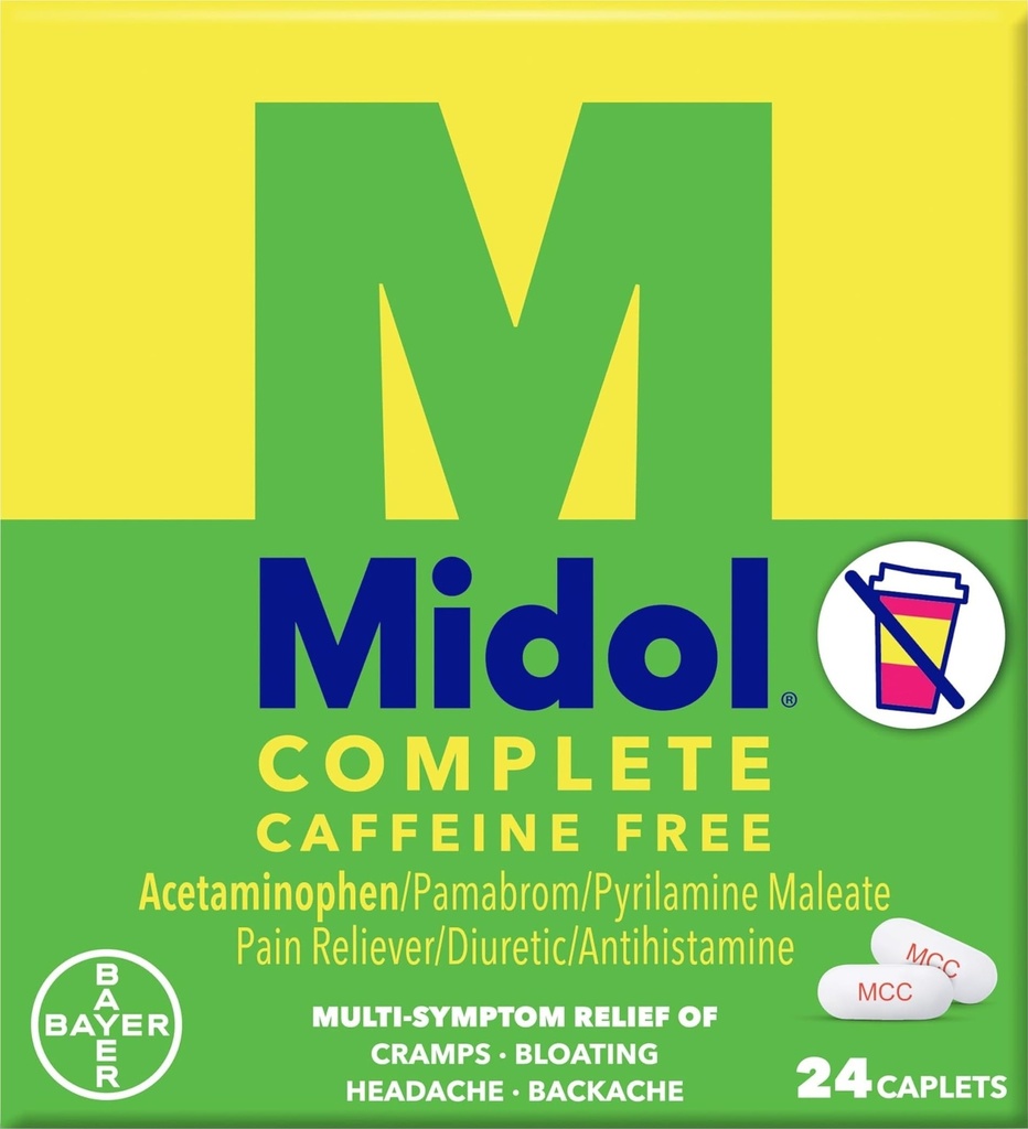 Midol Complete Caffeine Free Caplets 24ct: Midol Complete Caffeine חינם Menstrual Pain Caplets עם Acetaminophen, מספק הקלה כאבי ראש ותקופת Cramps הקלה, 24 Count Count Count