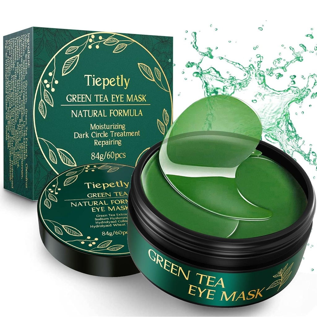 מתחת למסכות עיניים עם Collagen, גרין Tea Eye Patches for Dark Circles and Puffiness, Hydrating, Anti Wrinkle, 60 PCs