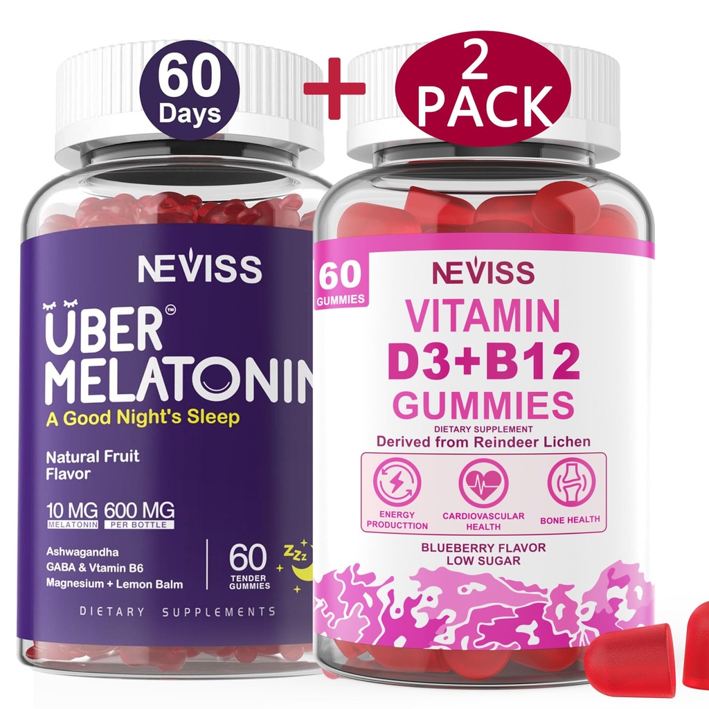 NEVISS Melatonin + ויטמין D3 & B12 חניכיים, טבעוני, 2+2=4 Pack
