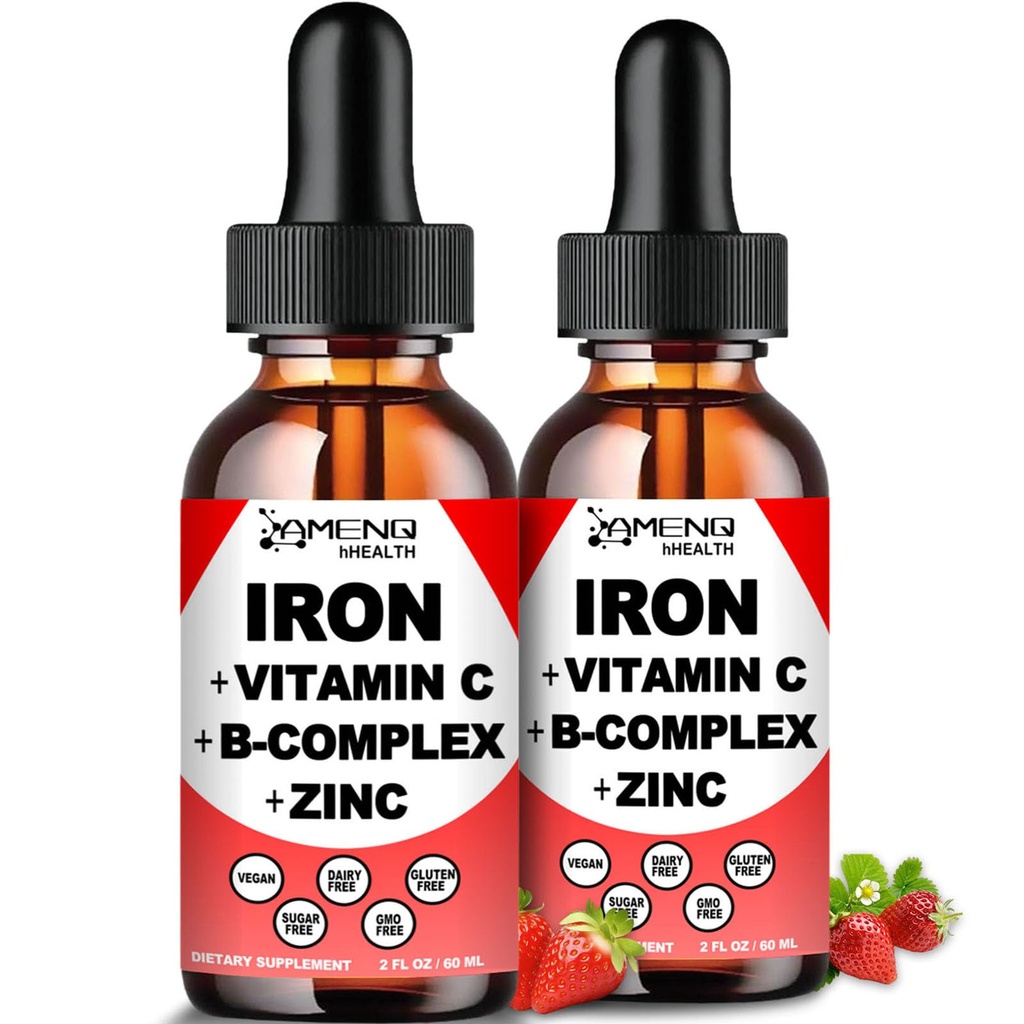 2 Pack נוזל ברזל תוספת w / ויטמין C, A, B-Complex, ברזל טיפות ויטמין עתיר גבוה נוזל ברזל תוספי מזון לנשים, גברים וילדים - Support Red Blood Cell, Energy, Anemia & Fatigue