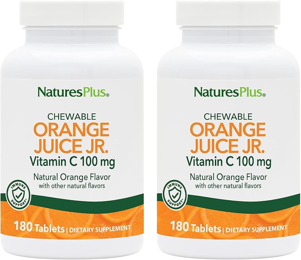 NaturesPlus Orange Juice ג'וניור - Pack of 2, 180 טבליות Chewable - 100 מ"ג ויטמין C - Vegetarian, Gluten Free - 360 Total Servers