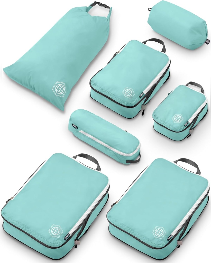 גדול Compression Packing Cubes for Travel-Packing Cubeers 7 Piece Set for Checked Luggage-Ultralight, הרחבה / הדפסה באגים על ידי TRIPPED Travel Gear (DustyTeal / White)