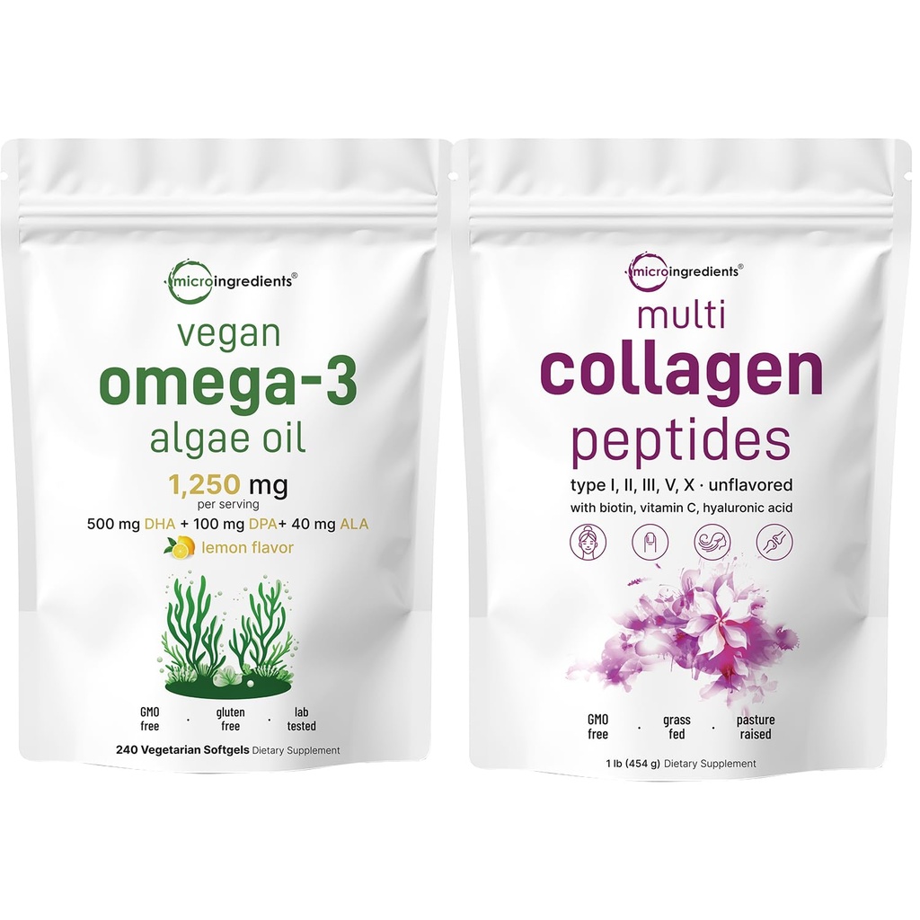 אבקת חלבון רב קולגן 16oz & טבעוני אומגה 3 שמן Algae שמן תוספת Bundle 2 Pack | Grass-Fed Collagen פפtides | אומגה 3 Full Spectrum Alternative to Fish Oil