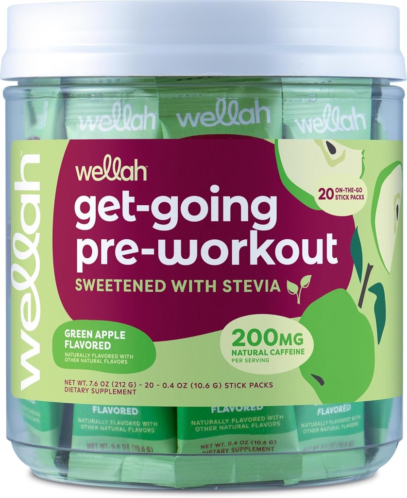 Wellah Get-Going Green Apple Flavored Pre-Workout Stickpacks (20 משרתים)